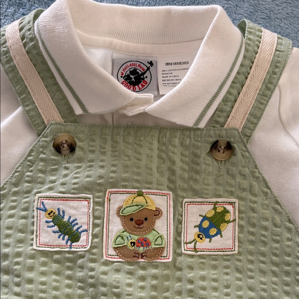 Good Lad Sage Green Kids Overalls with Embroidered Animals